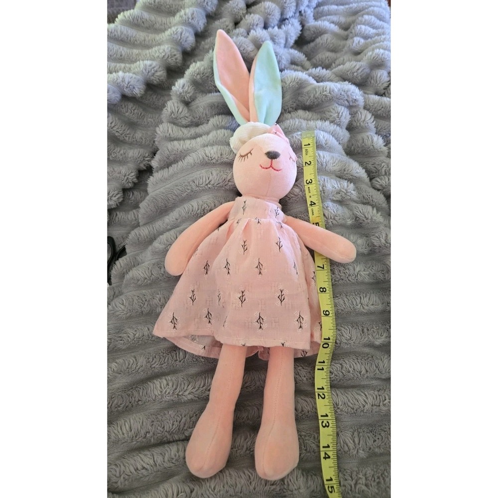 Pink Plush Bunny Doll with Peach Floral Dress and Sleepy Eyes 15 Inch